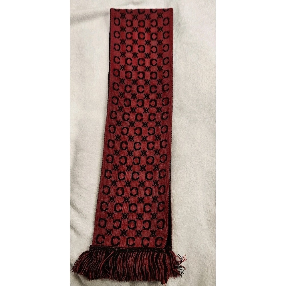Celine Baby Monogram Jacquard Knit Fringed Scarf Red Black Rare Neck Wrap